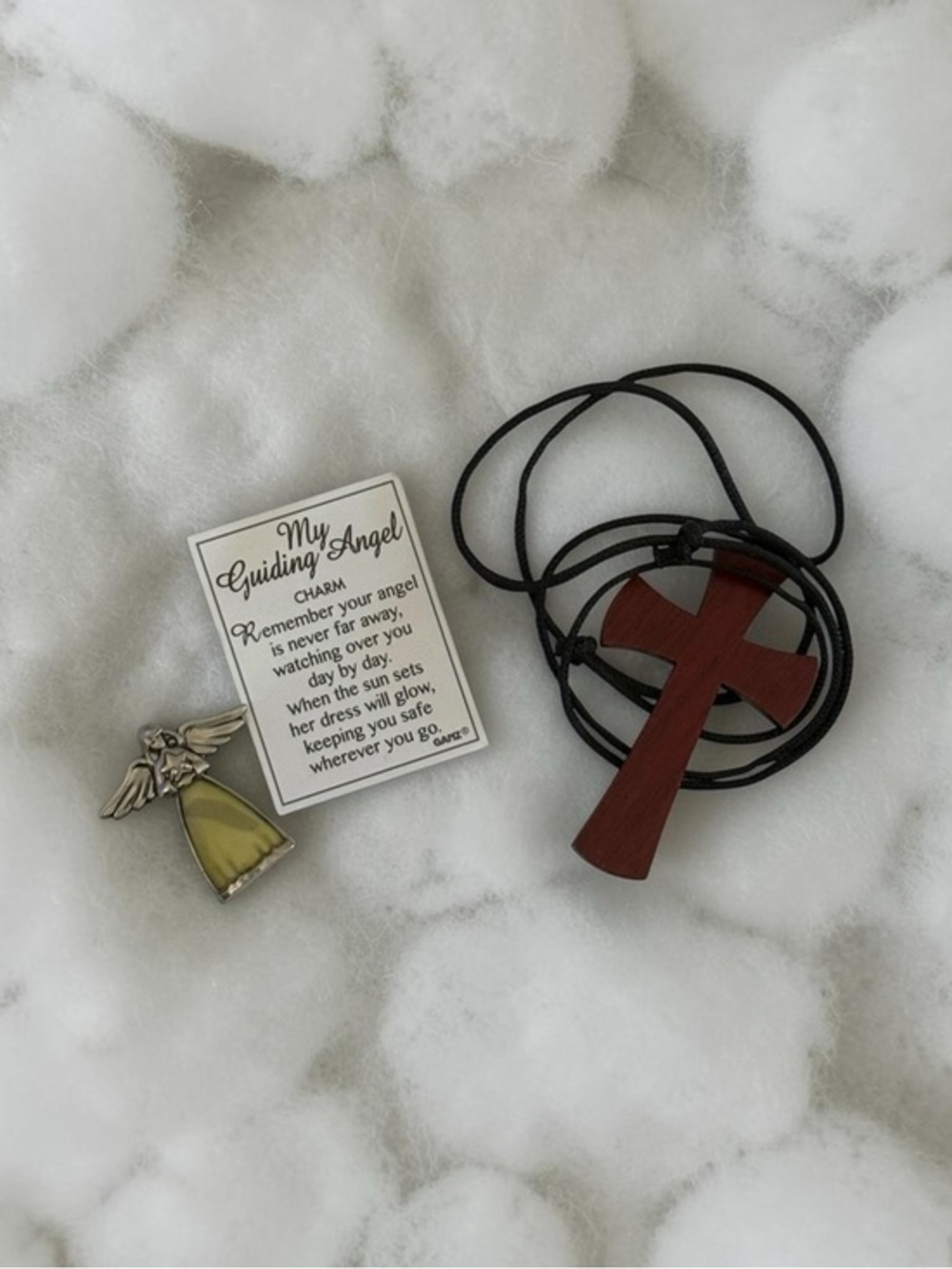 🫶🏻 Wooden Cross Necklace with Black Cord - Brown Cross & Angel Charm